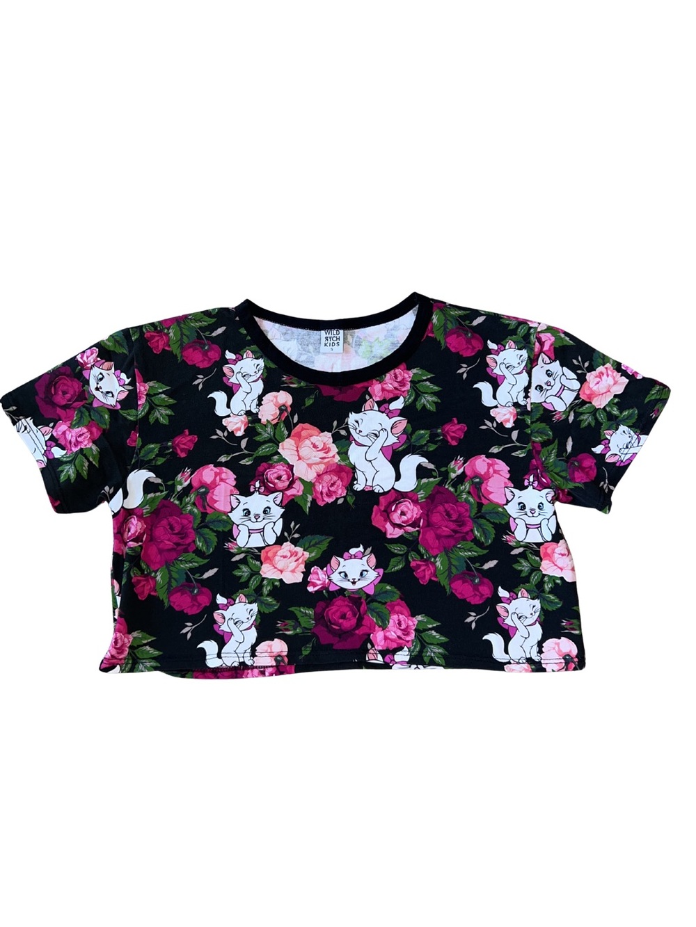 Cropped Tee with Pink Rose & White Aristocats Marie print